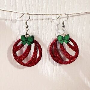 Handmade! Elegant Christmas Ball Wooden Glitter Earrings